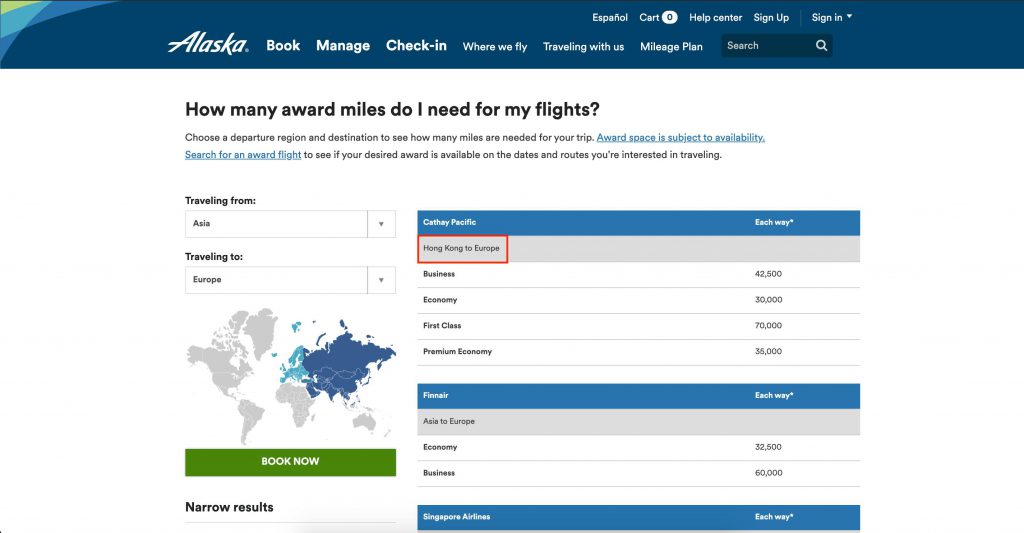 阿拉斯加航空獎勵機票兌換標準 － 亞洲往來歐洲