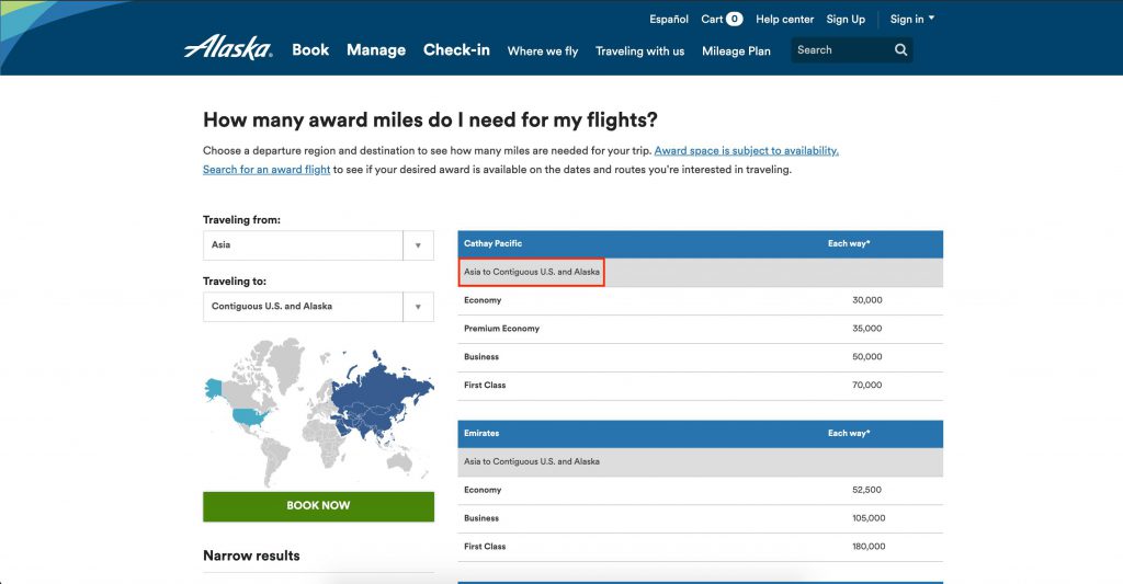 阿拉斯加航空獎勵機票兌換標準 － 亞洲往來美國